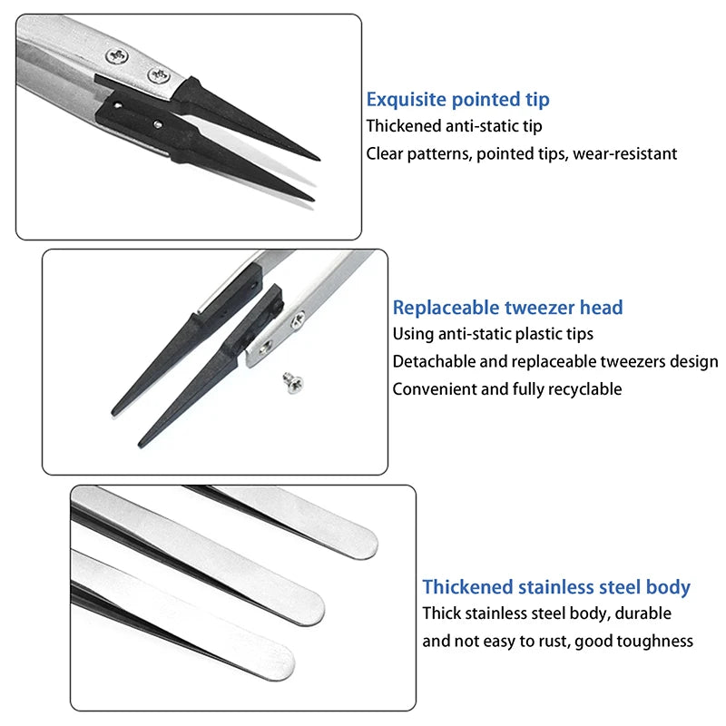 Antistatic Tweezers Plastic Tipped Electrician Curved Flat Qme