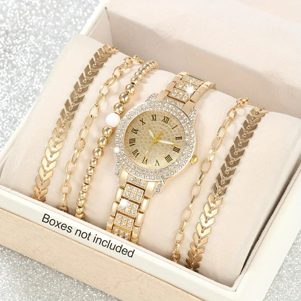 6pcs/set Women's Luxury Rhinestone Quartz Watch Golden Fashion Analog Wrist Watch & Bracelets, Gift For Mom Her Qme