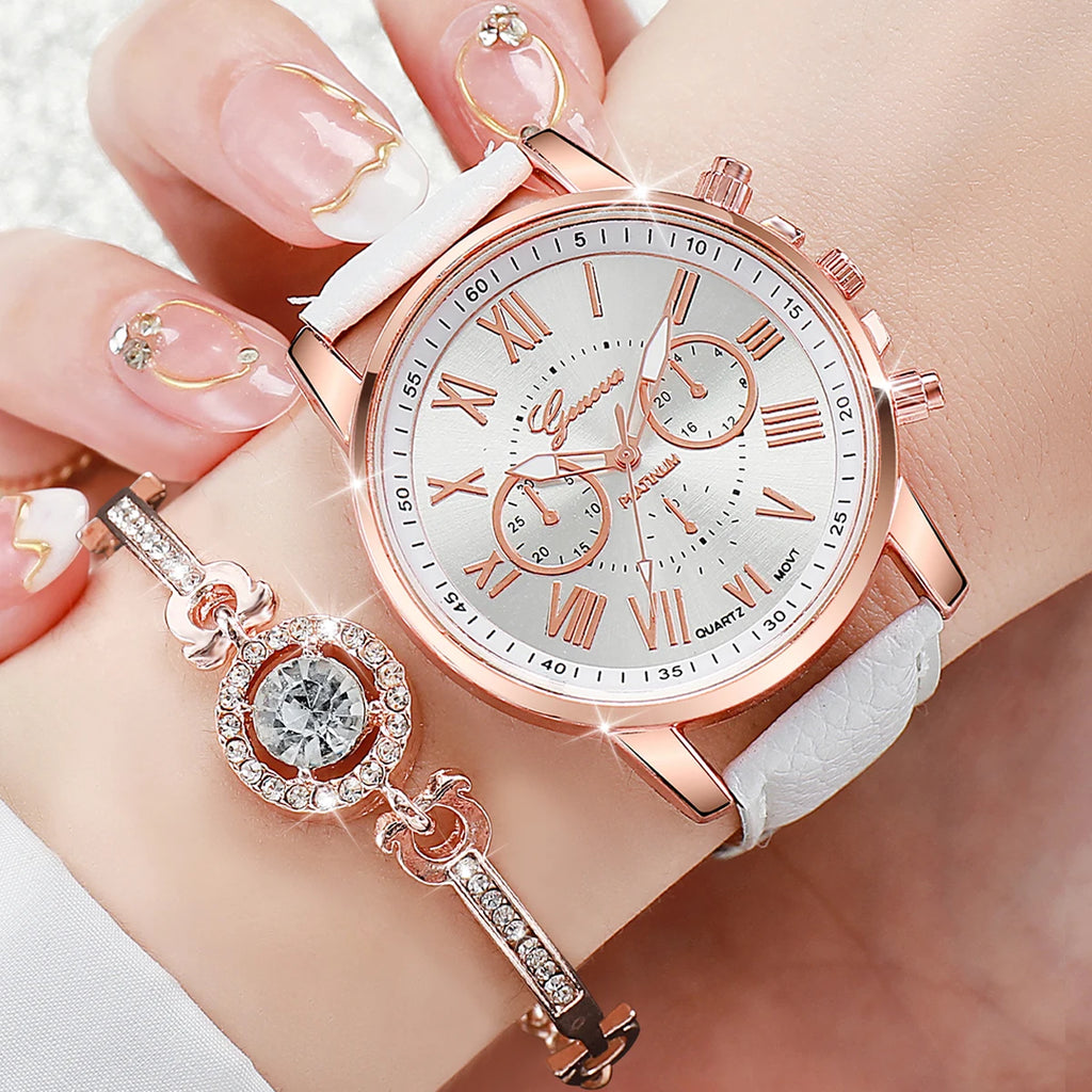 7PCs/Set Women's Watch Combination Set New Creative Trendy Watch Leather Watch Silicone Watch Jewelry Set Box Not Included Qme
