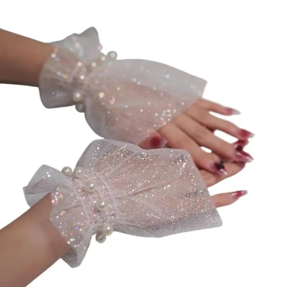 Short Length Wrist Fake Sleeves Tulle Sequin Nail Art Background Qme White