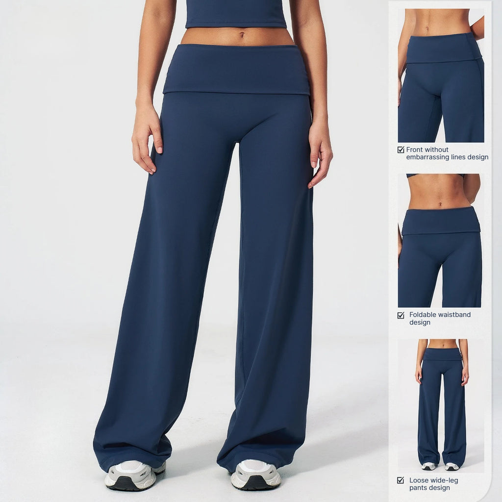 A Gym Pilates Running Workout Pants Women Low Waist Straight Leg Trousers with Fold Waist Nude Feeling Soft Yoga Underwear Qme