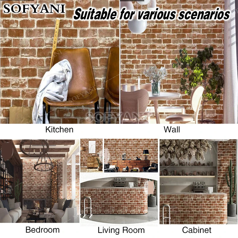 Retro Antique Brick Pattern Brown Red Gray PVC Self-adhesive Qme