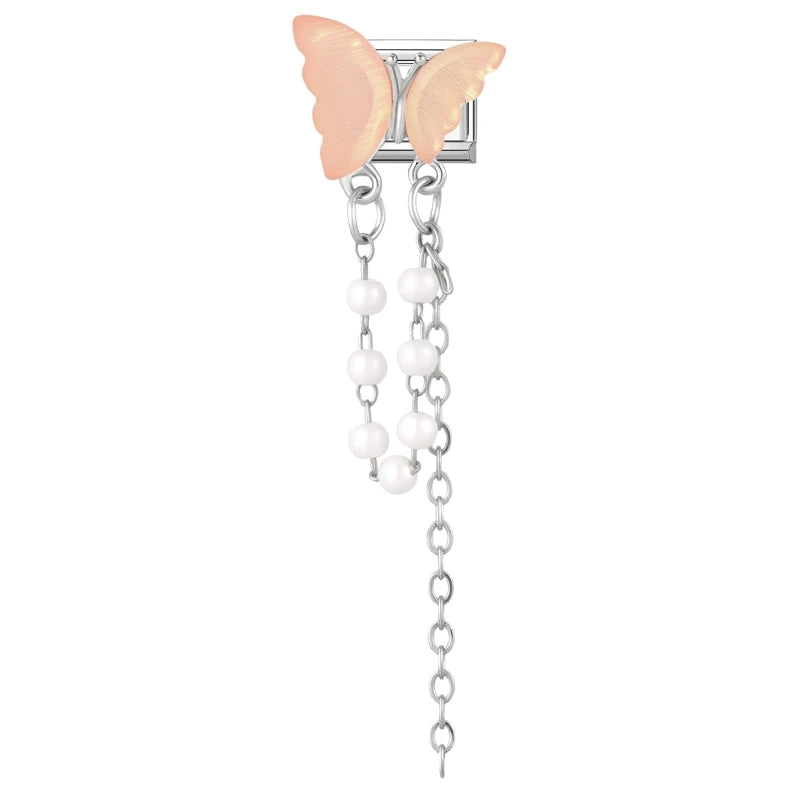 Women Men New Colorful Butterfly Zircon Long Pearl Tassel Chain Italian Charms Fit 9mm Stainless Steel Bracelet DIY Jewelry Gift Qme Style 7