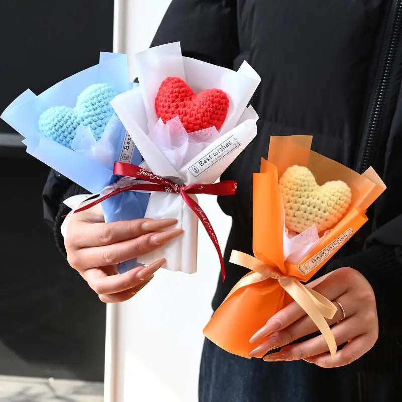 Mini Handmade Yarn Flower Bouquet Crochet Heart Valentine's Day Qme