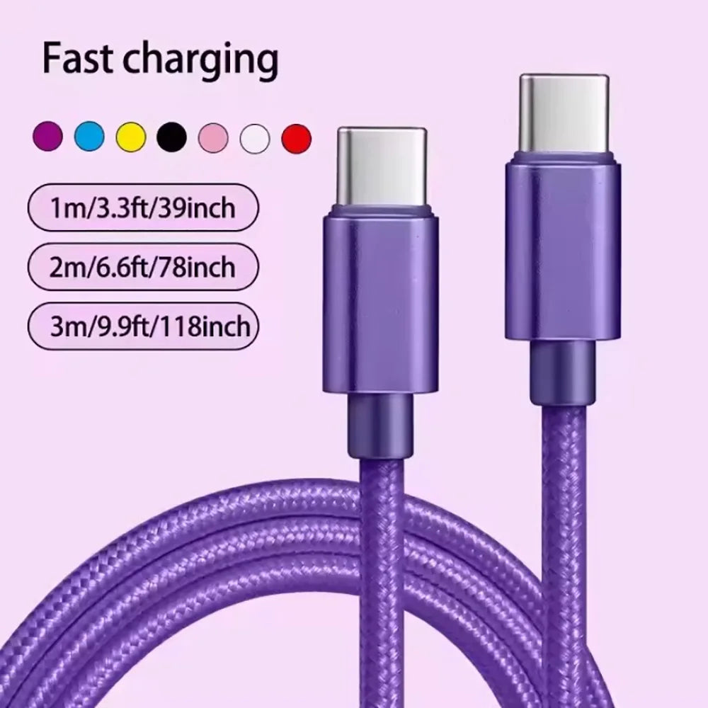 66W Nylon Braided USB Type C to Type C Fast Charging Cable 1/2/3m Quike Charging Data Wire For iPhone Samsung Xiaomi Data Line Qme