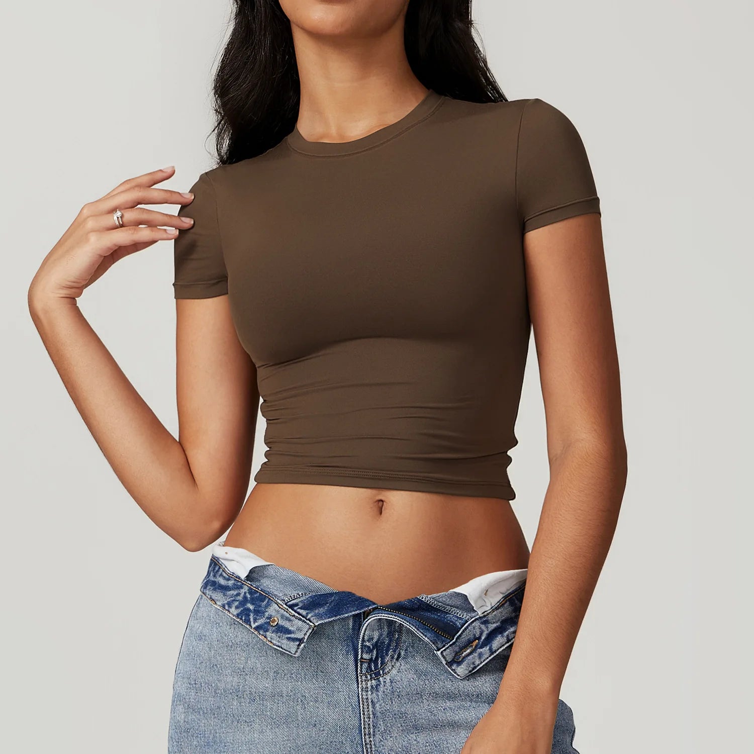 A Women Running Sports T Shirt Summer Short Sleeve Round Neck Breathable Stretchy GYM Yoga Slim Fitness Active Top Tee Qme brown XL
