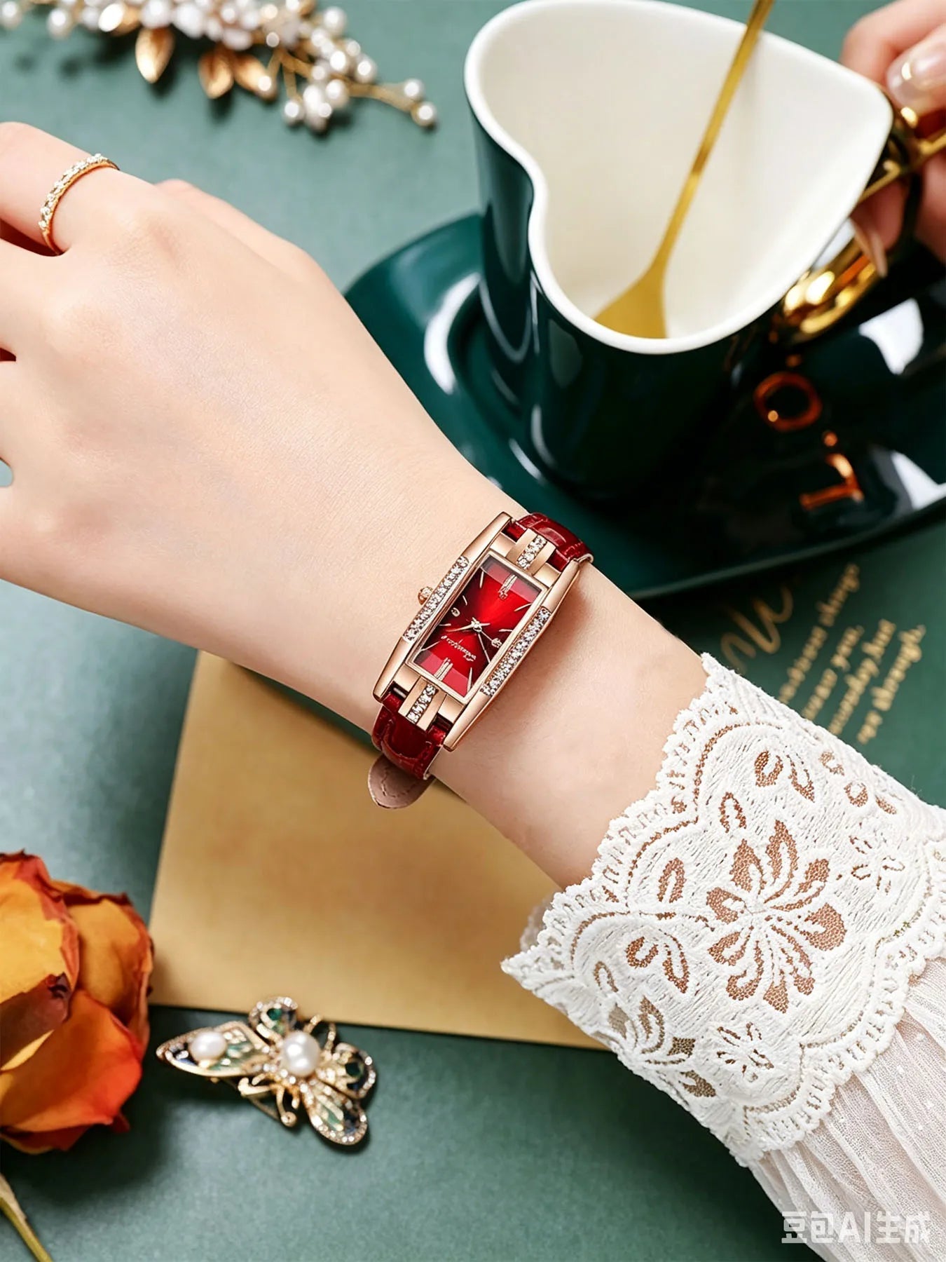 2-piece fashionable casual women's small red watch fashionable versatile diamond studded Roman numeral women's set Qme