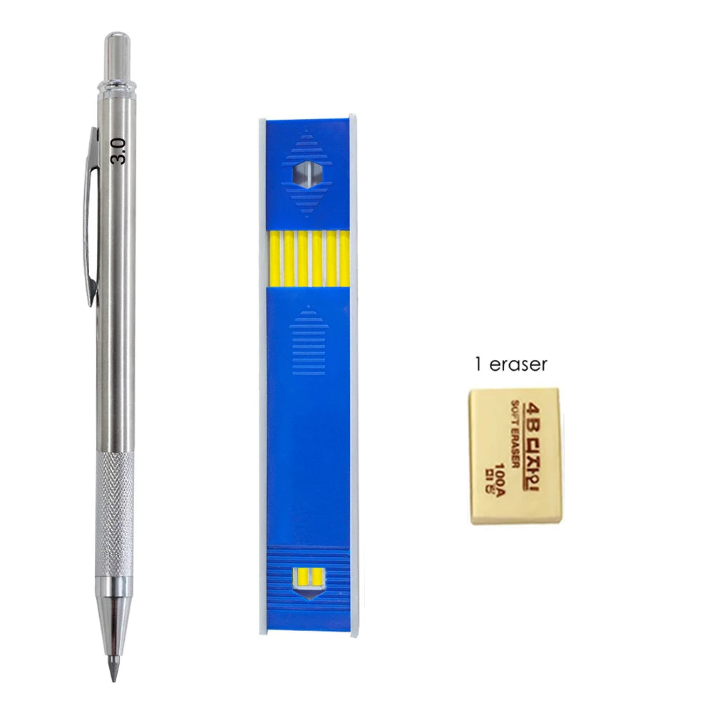Mechanical Pencil Set 3.0mm Full Metal Art Drawing Painting Automatic Pencil with Leads Office School Supply Qme 3 pcs set C
