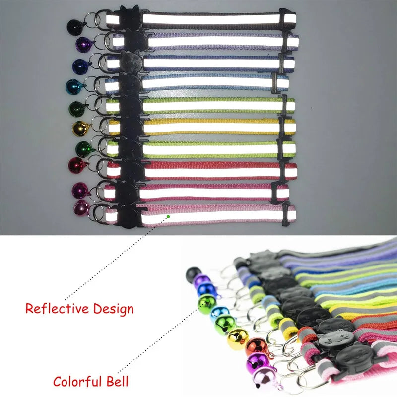 6-piece set of mixed color belt bell safety reflective collar, detachable reflective nylon cat collar with bell accessories Qme