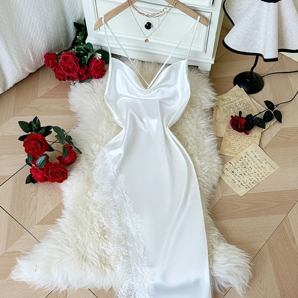 Elegant Split Women Nightgown Beauty-back Spaghetti Strap Lace Pajama Qme White XL