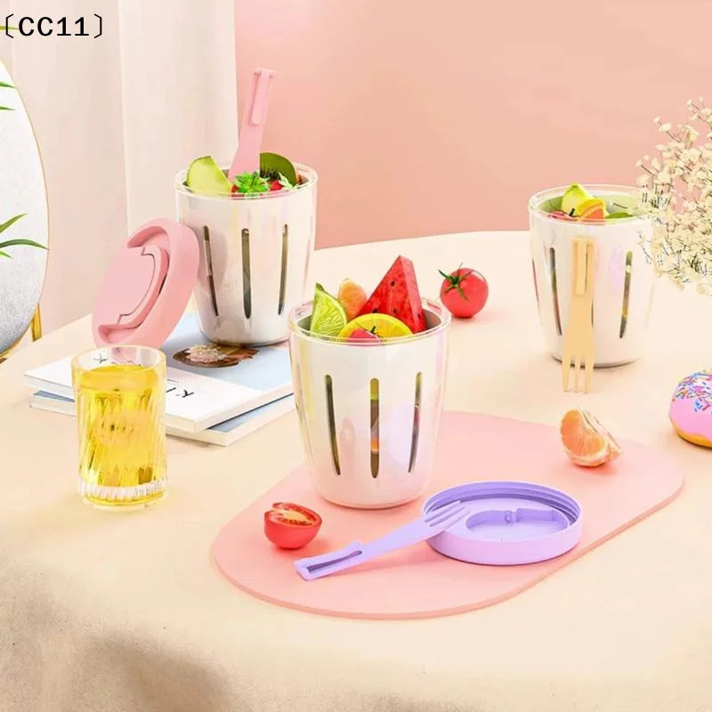 Cylindrical Salad Container Plastic Fruit Cup Fork Drainage Holes Qme