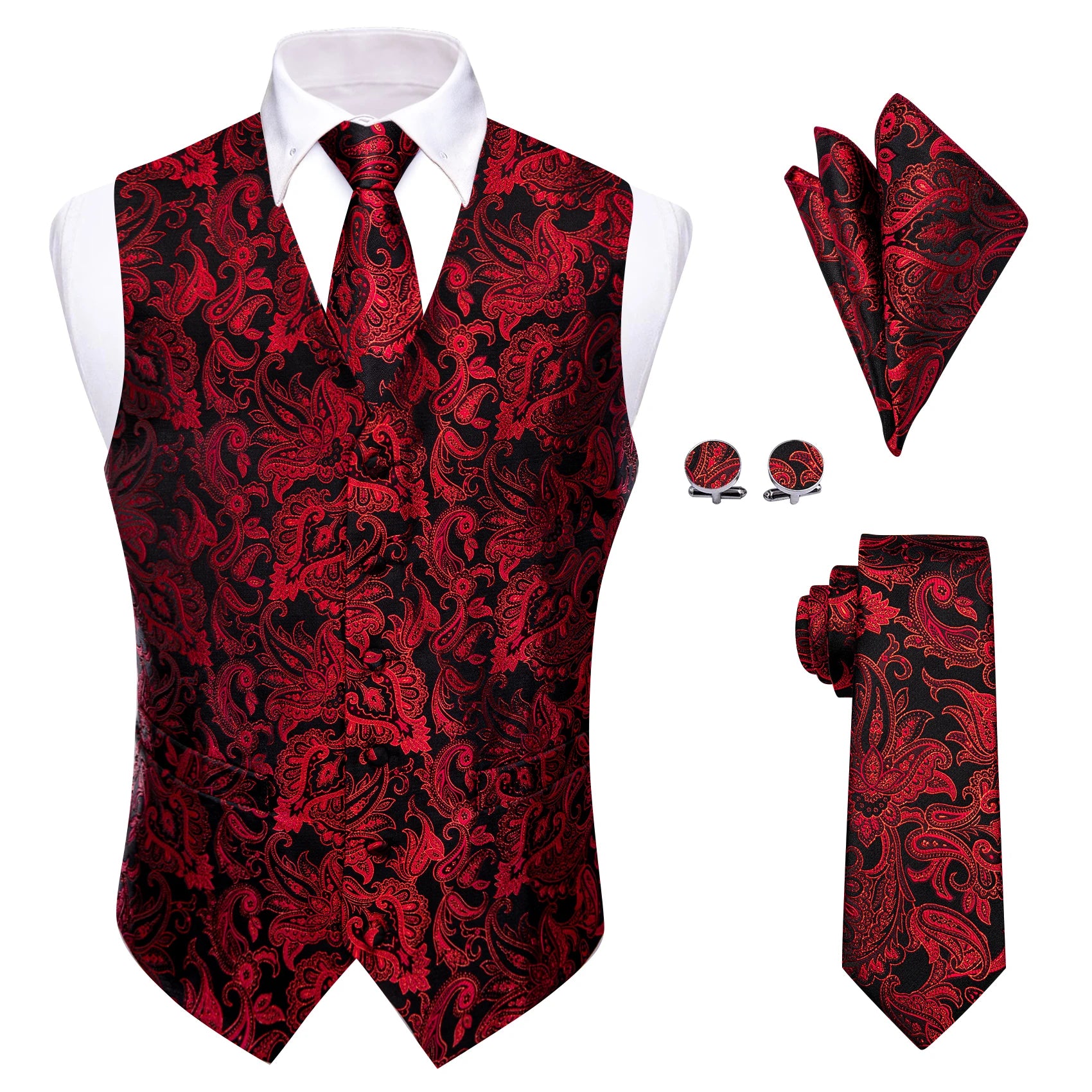 Mens Royal Blue Red Bronwn Orange Vest Tie Hanky Cufflinks Paisley Qme MJTZ9025 L