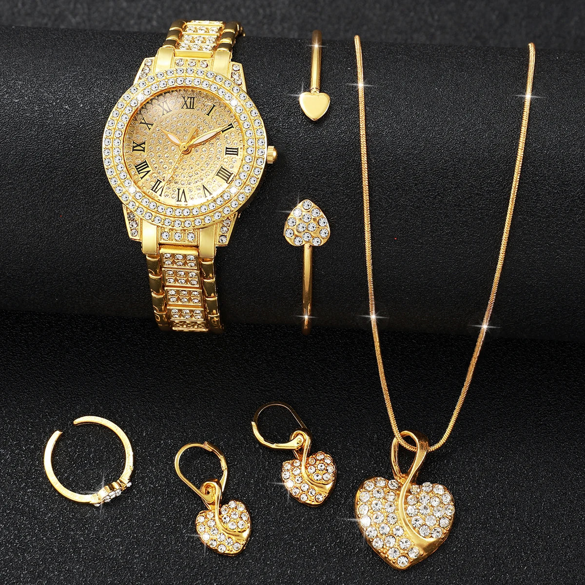 2/6PCS Luxury Rhinestone Women Watches Heart Jewelry Set Ladies Roma Dial Quartz Wristwatch Reloj Mujer Girls Clock(Without Box) Qme