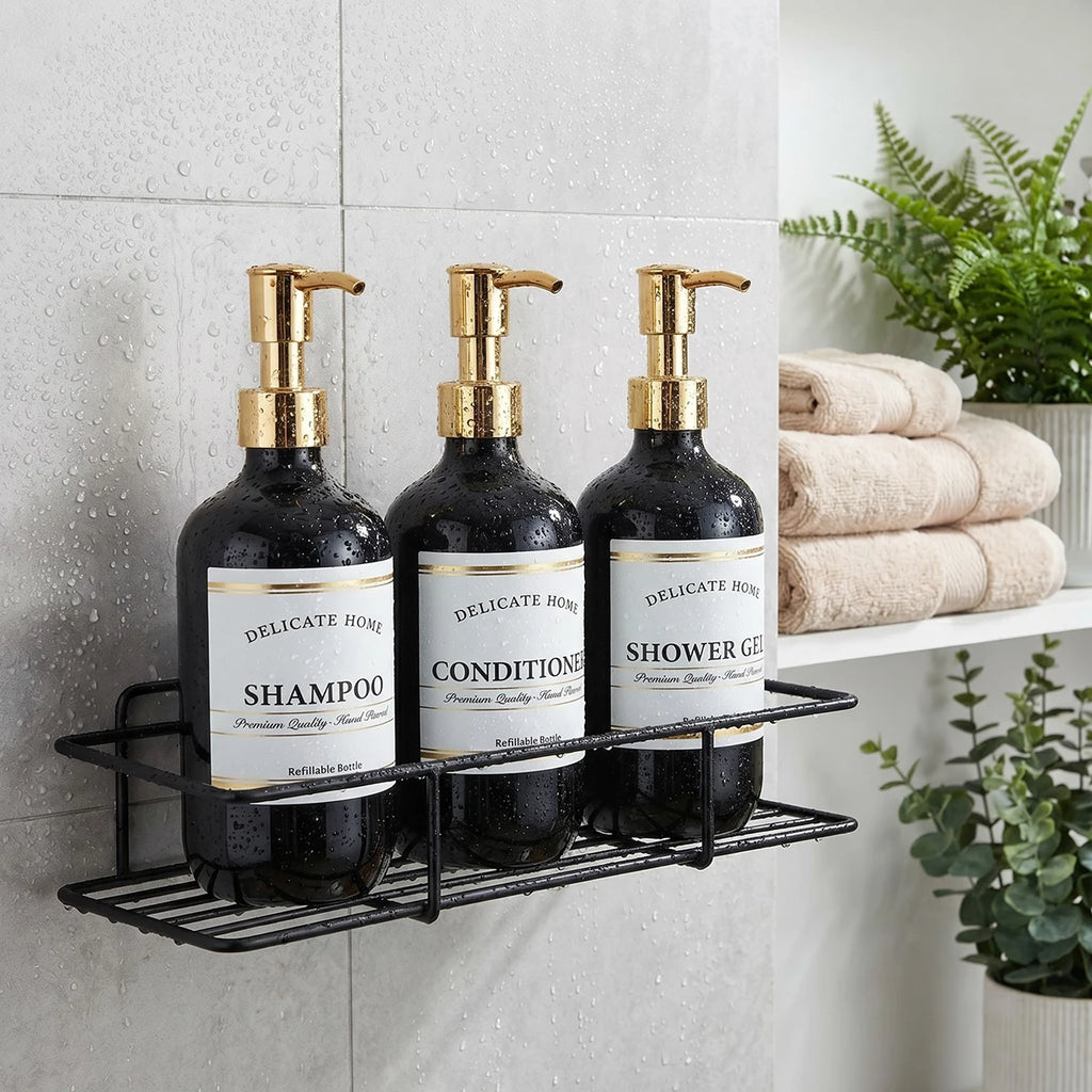 Black Refillable Shower Bottles Set, 3 Pack 16.9oz Plastic Pump Bottles Shower Dispensers for Shampoo Conditioner, Body Wash Qme