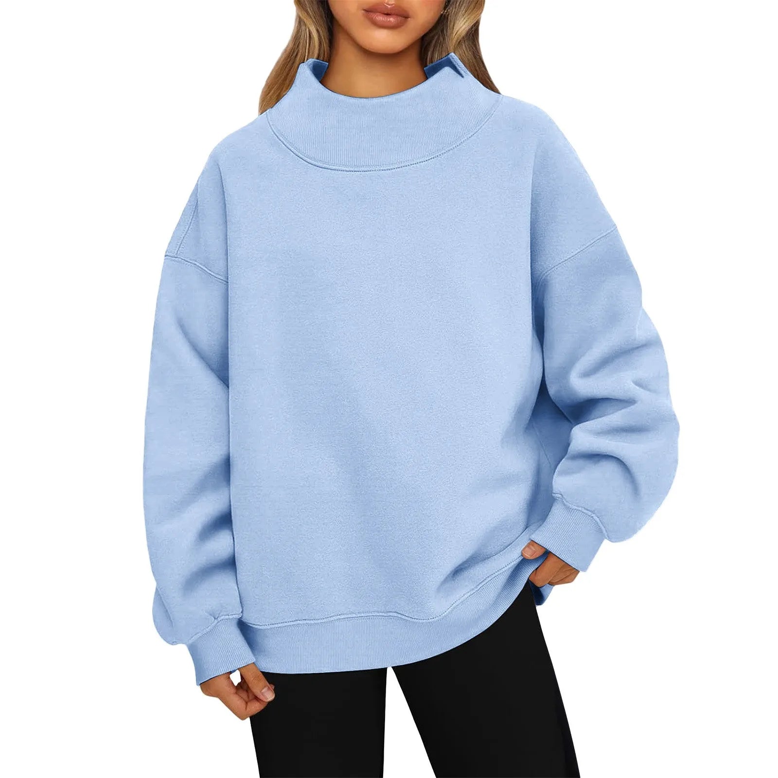 Fashionable Loose High Neck Long Sleeved Solid Color Hoodie for Lady Lazy Style Basic Casual Commuted Pullover Top Qme Sky Blue L