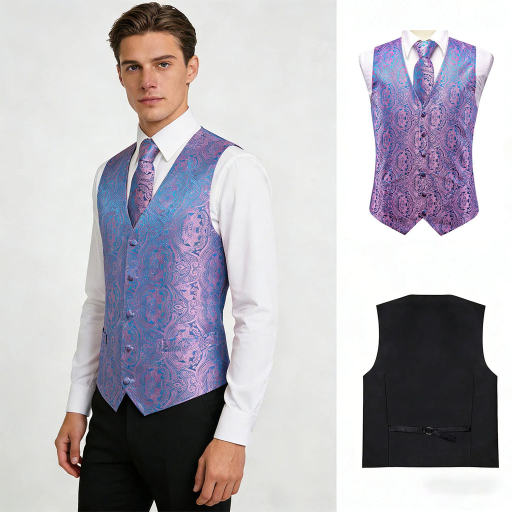 Men's Floral Paisley Suit Vest Tie Formal Waistcoat Necktie Pocket Qme
