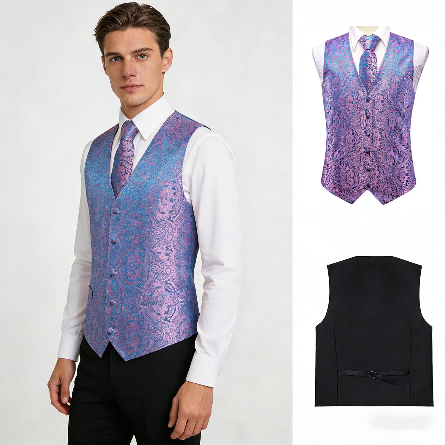 Men's Floral Paisley Suit Vest Tie Formal Waistcoat Necktie Pocket Qme