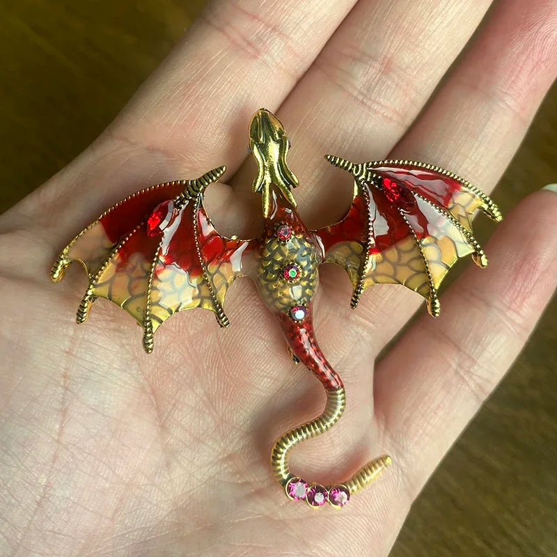 Enamel Fly Dragon Brooch Women Men Rhinestone Beautiful Legand Animal Qme