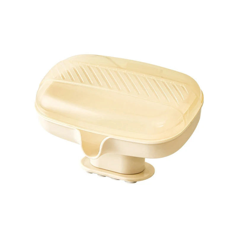 Sucker Soap Dish Holder Lid Self-draining Tray Case Portable Qme Beige