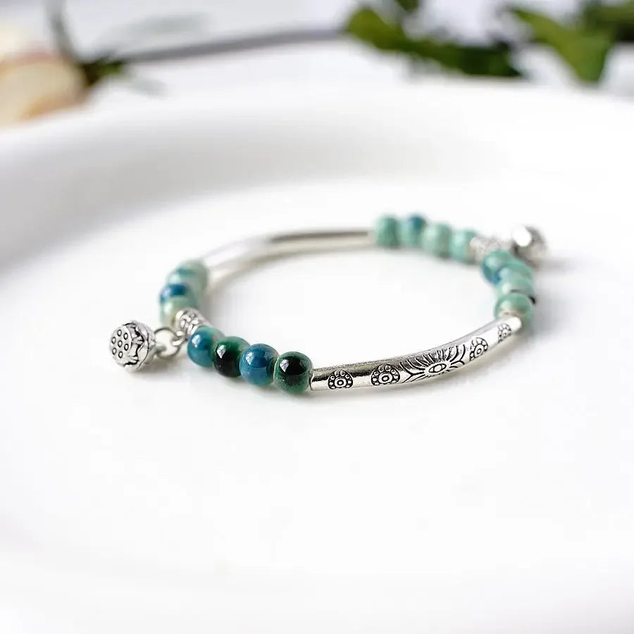 Cute Creative Lotus Handmade Ceramic Forest Bracelet National Style Pendant Classic Chinese Style Bracelet Wholesale Qme Emerald green
