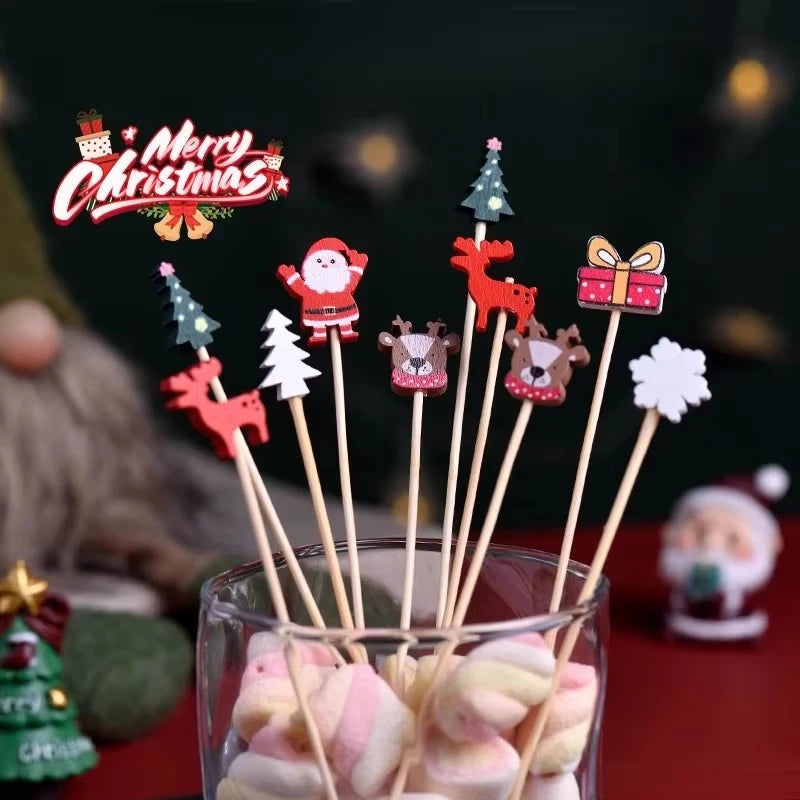 50Pcs Christmas Toothpick Set - Event and Party Supplies for Holiday Decorations, Including Sticks, Snowflakes, Snowmen, Reindee Qme