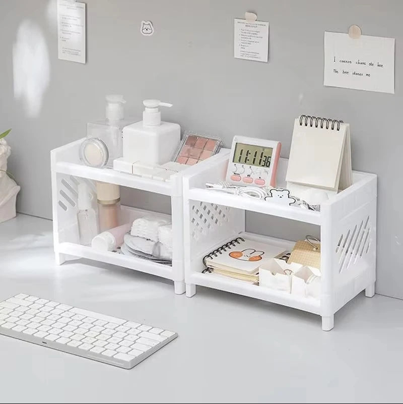 1PC PP Desktop Double Layer Storage Rack Rectangular White Organizing Student Desk Office Cosmetics Stationery Qme 2pcs White