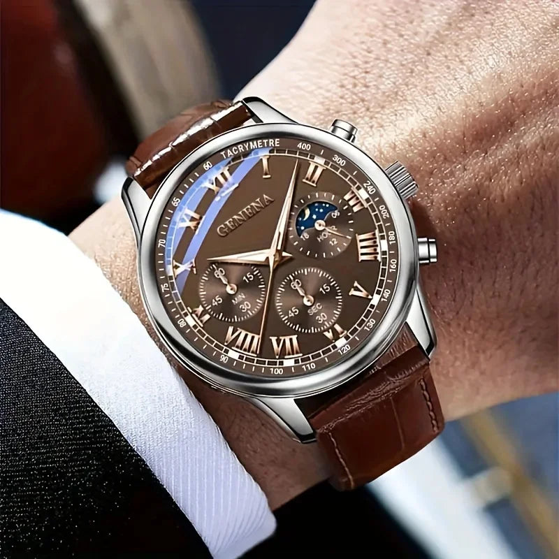 2026 GENEVA High Quality Men's Luxury Belt Fashion Quartz Watch Men Round Business Student Sport Waterproof Glow Clock Qme