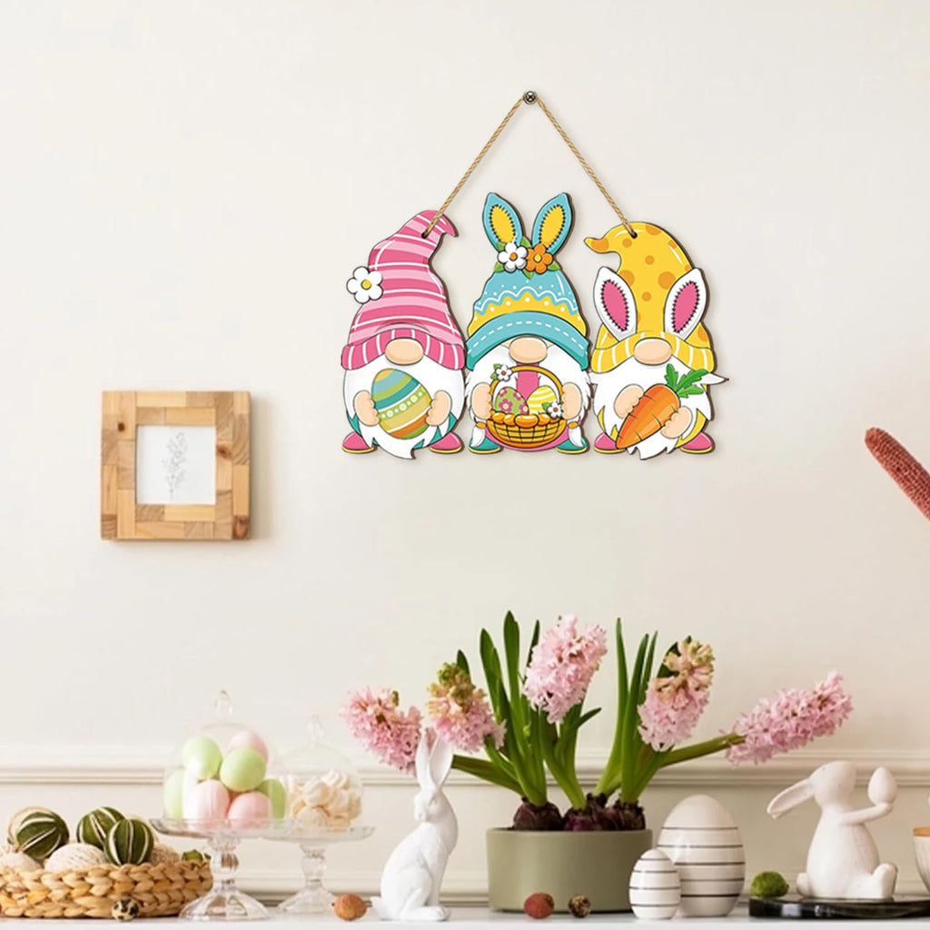 Rustic Wooden Easter Sign, Bunny Gnome Design, Holiday Hanging Ornament for Home & Celebrations, Unique Gift for Friends ﻿ Qme