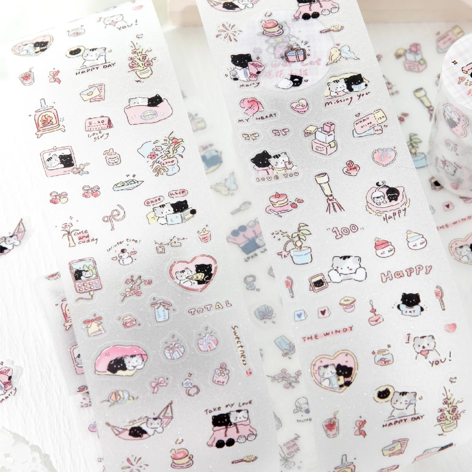 1 Roll Kawaii Lucky Cat Life Theme Glitter PET Tape for Background Decor Scrapbooking DIY Collage Phone Case Notebook Qme