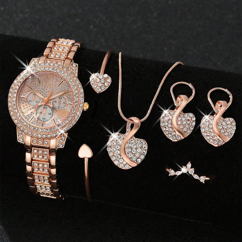 Women's Quartz Watch Gold Luxury Women Ring Necklace Earring Rhinestone Fashion Wristwatch Casual Ladies Watches Jewelry Set ﻿ Qme Rose