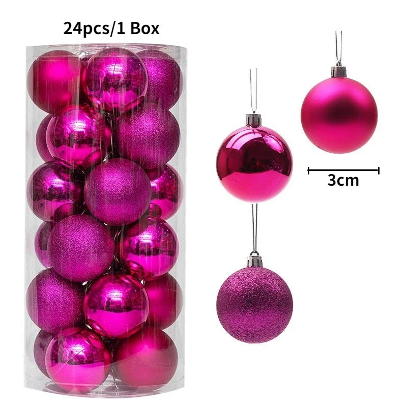 24pcs Christmas Ball Christmas Tree Decoration Ornaments for Home Decor Halloween New Year Navidad Pendant Ball Accessories Qme rose red-24pcs