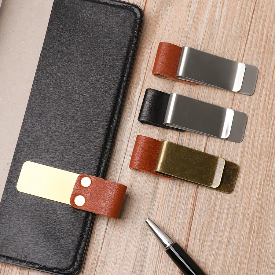 Handmade Leather Brass Stainless Steel Pen Holder Clip Journal Notebook Paper Folder Writing Office Supplies Qme