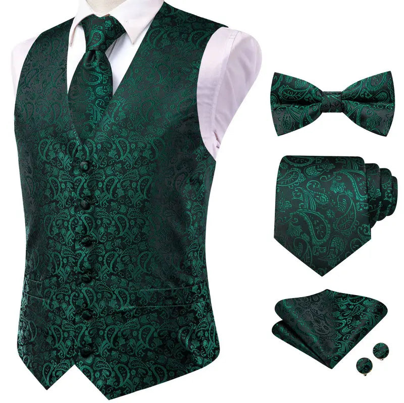 Blue Green V-Neck Paisley Waistcoat 5Pcs Set Vest Tie Bowtie Hanky Cufflinks Formal Suit Qme HT-MJTZ0217 XXXL