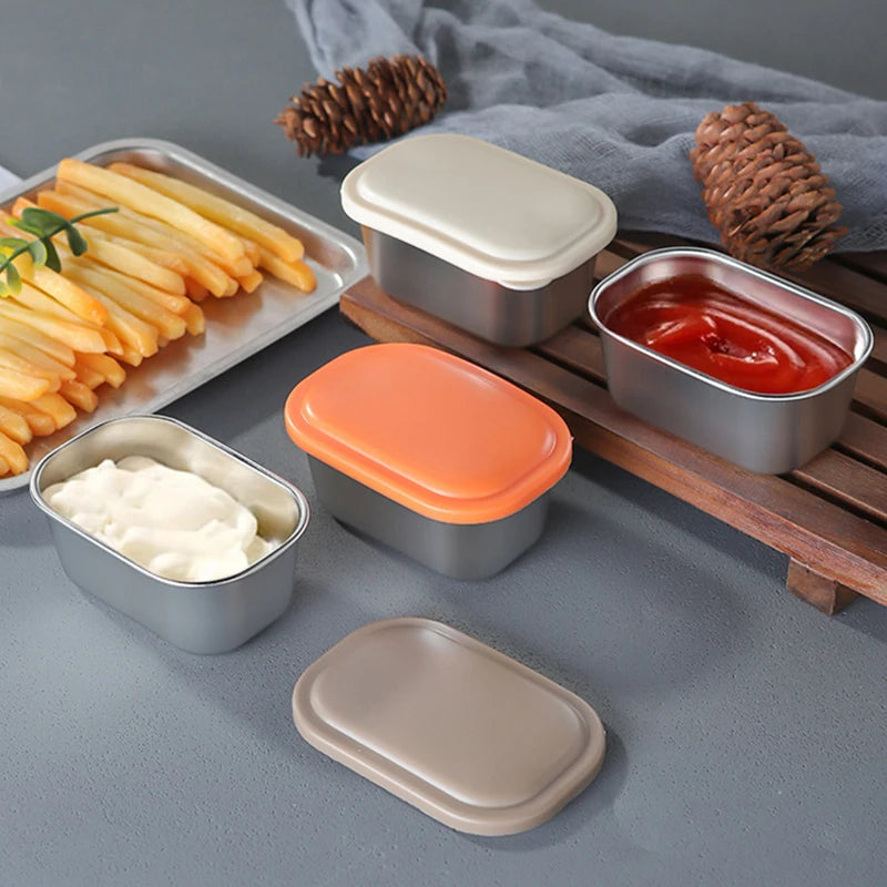 304 Stainless Steel Sauce Cup Sealed Lid Seasoning Box Leak-proof Qme