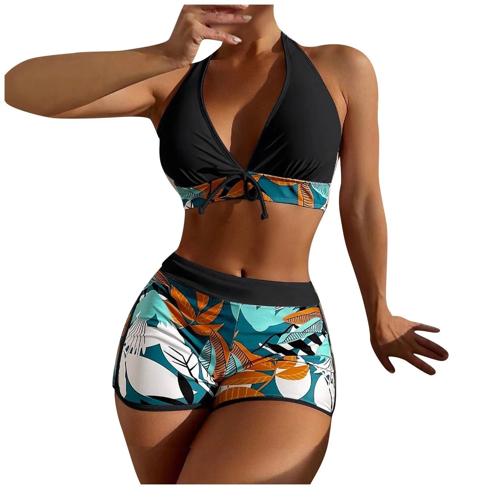 Women's Paneled Printed Swimsuit Ladies Fashion Sexy Split Boxer High Waist Swimsuit Two-Piece Set V-Neck Bathing Suits Female Qme