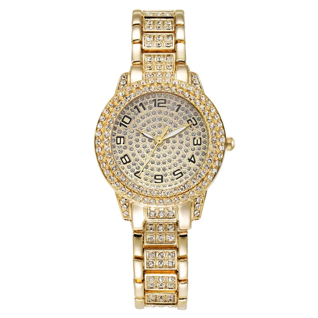 6-piece/set women's watch luxury rhinestone quartz watch hip-hop fashion watch and jewelry set, ideal choice for gifts Qme