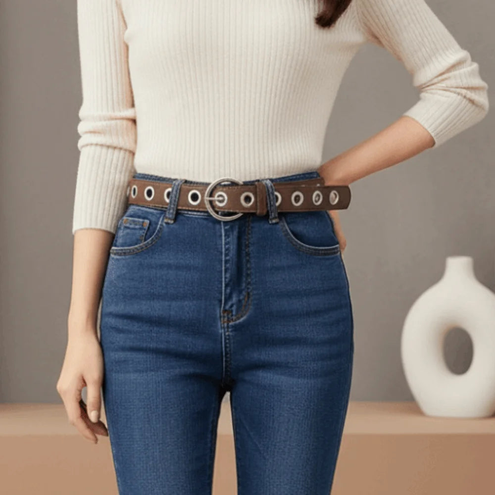 Adjustable Fashion Grommet Belt Durable Parallel Holes Punk Rock Waistband Universal Width Fit Polished Metallic Shine Qme