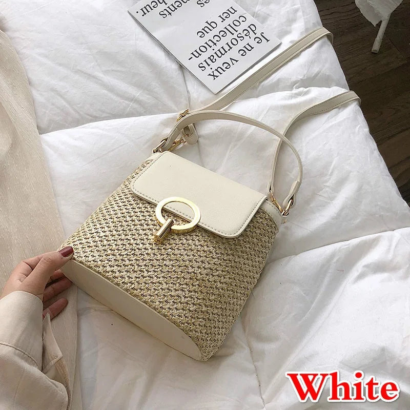 Small Straw Bucket Bags Women Summer Crossbody Lady Travel Purses Qme White