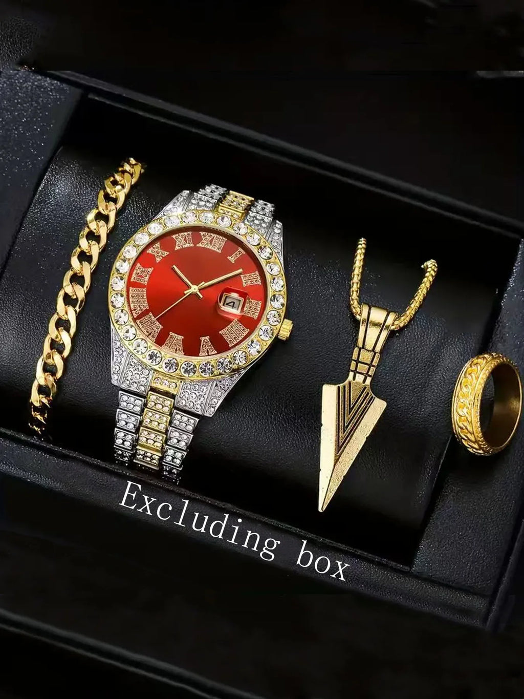 Men's Bling Jewelry Set: Two-tone Iced Out Watch + Cuban Bracelet + Spearhead Pendant Necklace + Ring, 4Pcs Hip Hop Set Qme