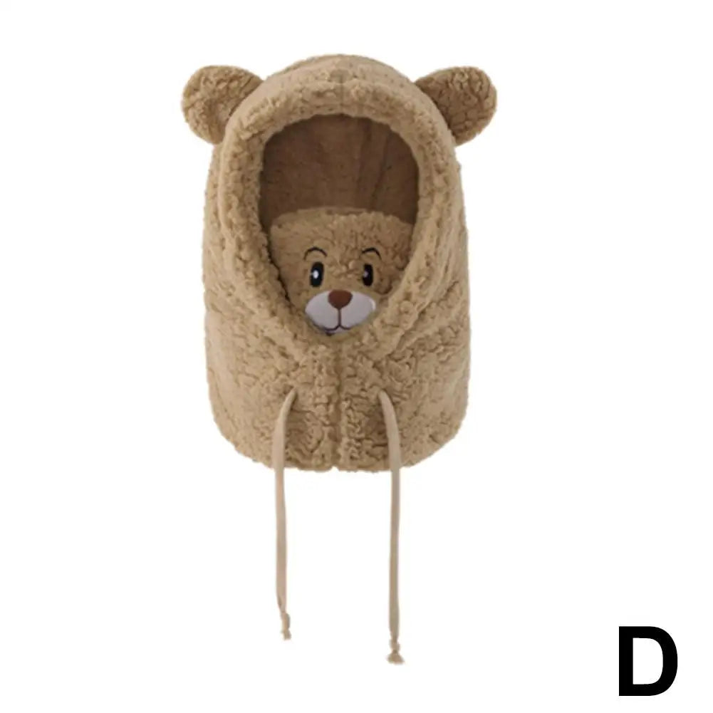 Winter Bear Plush Hat Scarf Mask One-Piece Warm Women's Cozy All-Match Cold Resistance Student Overhead Cap Fashion Accessory Qme D