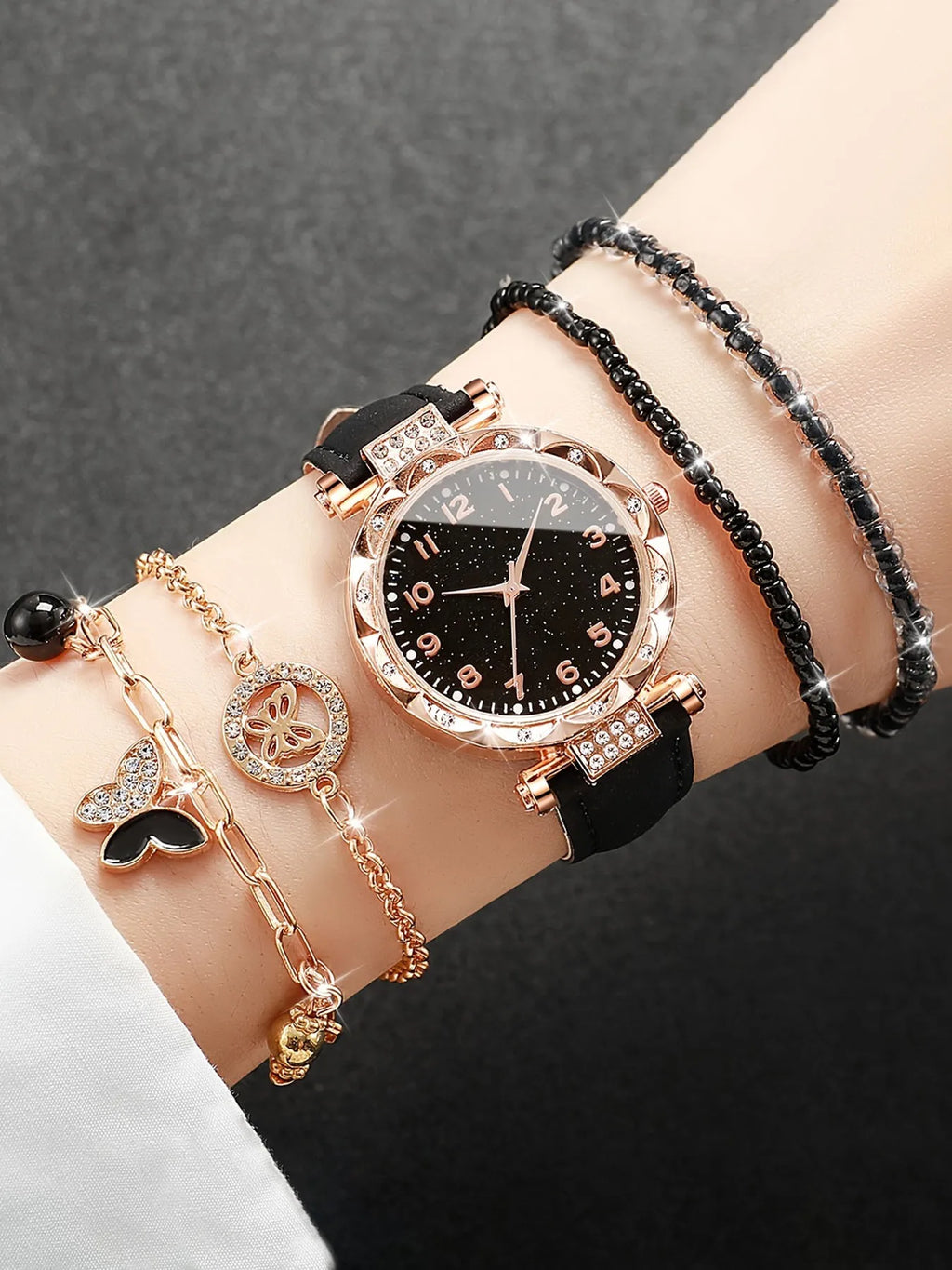 Rose Gold Women Quartz Watch 4Pcs Black Bracelets Jewelry Gift Qme