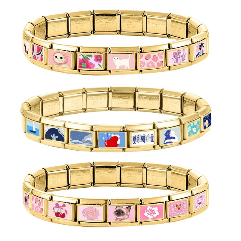 2026 Design Blue Pink Headscarf Kawai Cats Series Italian Charm Links Stainless Steel Fit 9mm Bracelet Jewelry DIY Making Gifts Qme