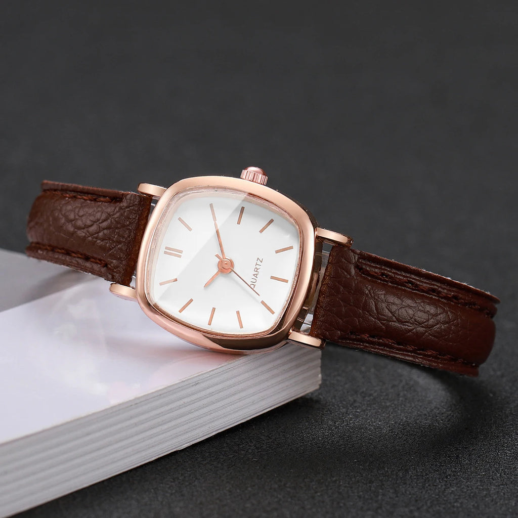 Women's Minimalist Square Quartz Watch, Rose Gold Tone Case with Brown Leather Strap, Casual Fashion Accessory Qme