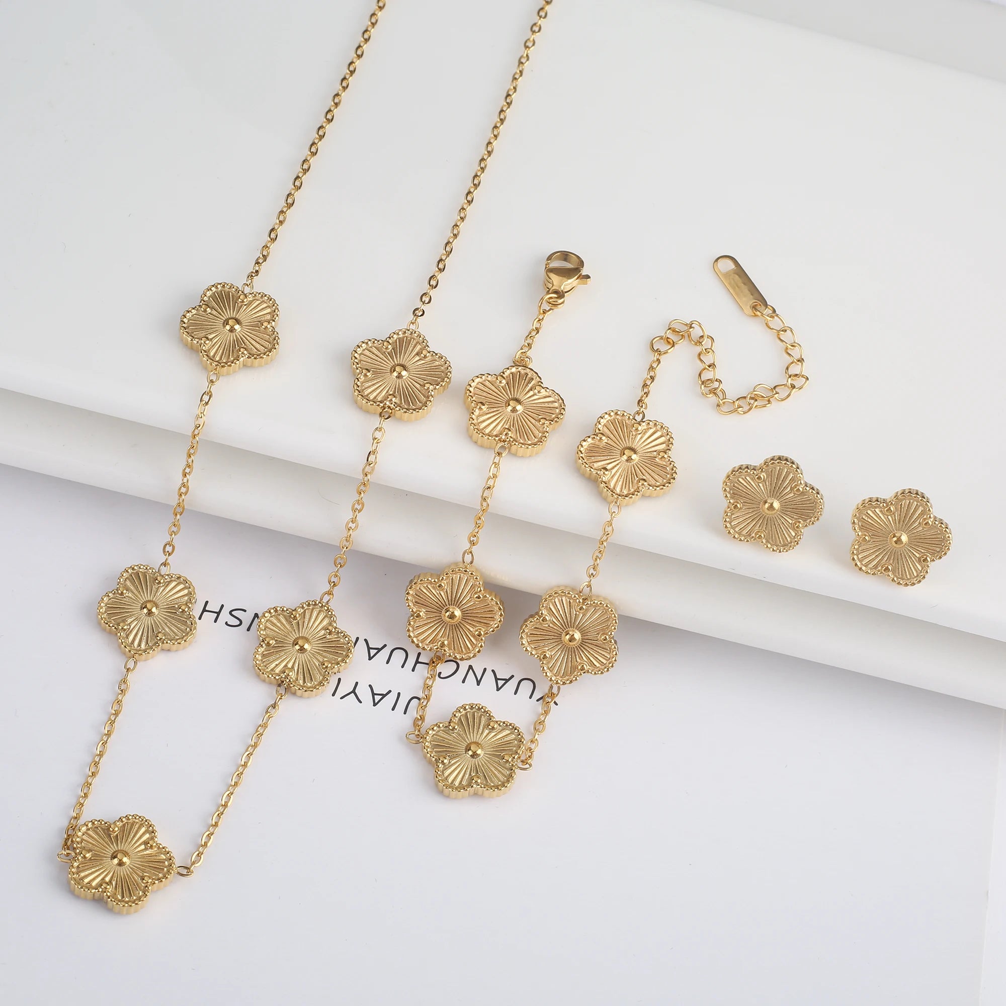 Clover Five Leaf Flower Stainless Steel Bracelet Necklace Earrings Jewelry Set Luxury for Women High Quality Party Jewelry Gift Qme 8