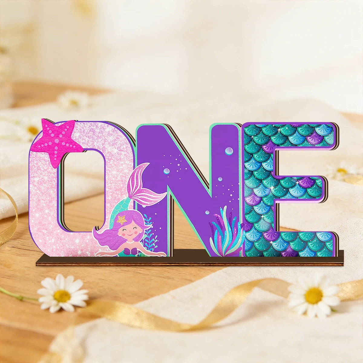 1SET 2D Mermaid Princess Theme "ONE" Letter Wooden Desktop Decoration, Birthday Party Desktop Decoration Qme Default Title