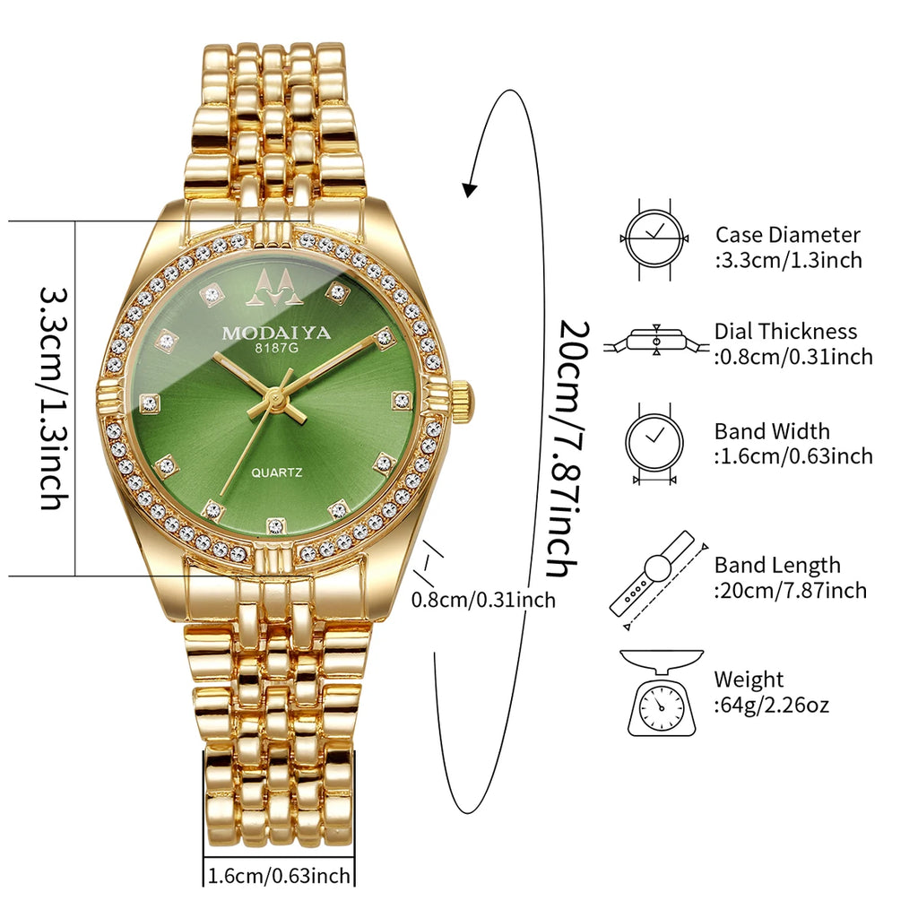 Luxury Women's Crystal Watch, Rose Gold Tone with Green Dial, Everyday Wear Qme