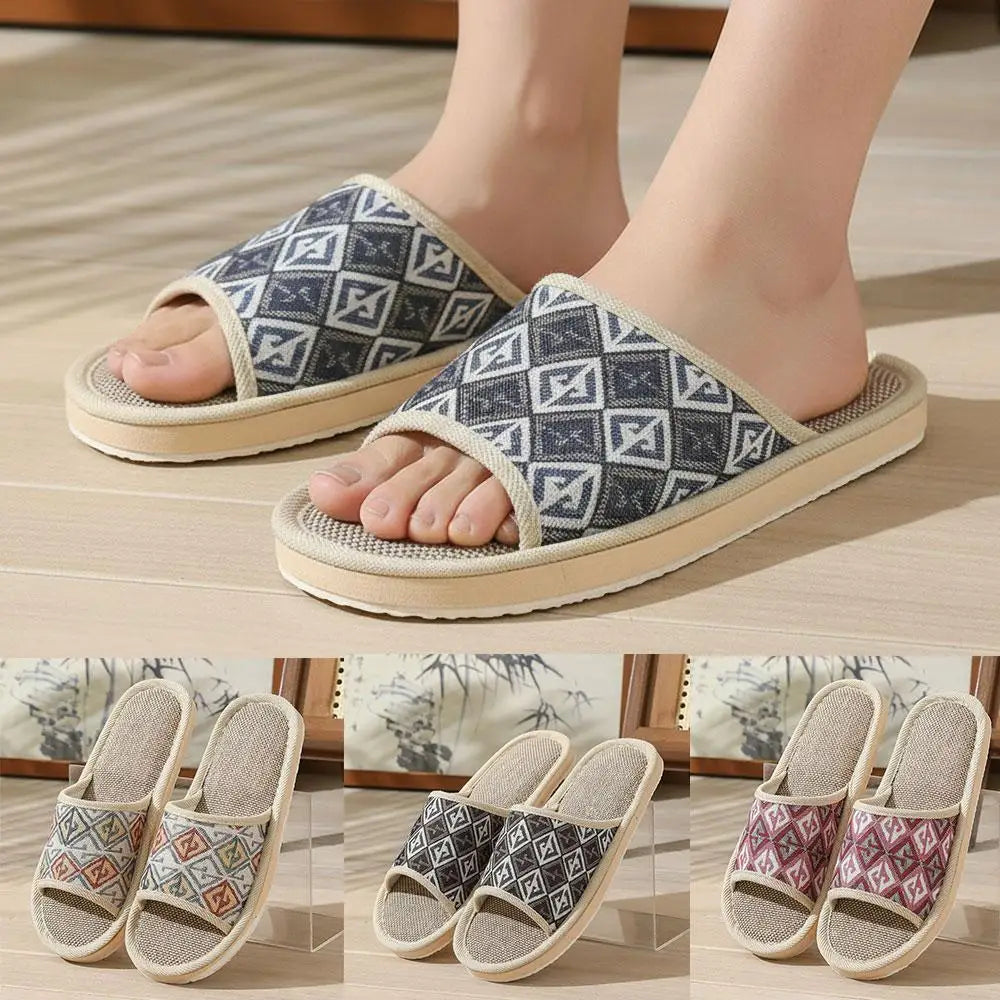Four Season Couple's Multicolor Linen Slippers Women Indoor Striped Non-Slip Sandals Men Comfort Indoor Floor Breathable Slides Qme