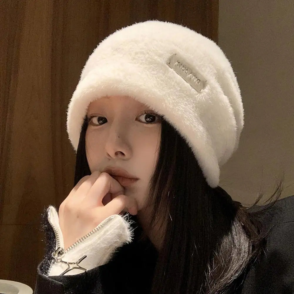 NEW Women Plush Beanies Hats Winter Warm Solid Baggy Fleece Wool Skullies Hat Outdoor Coldproof Thicken Caps Female Gorros Qme