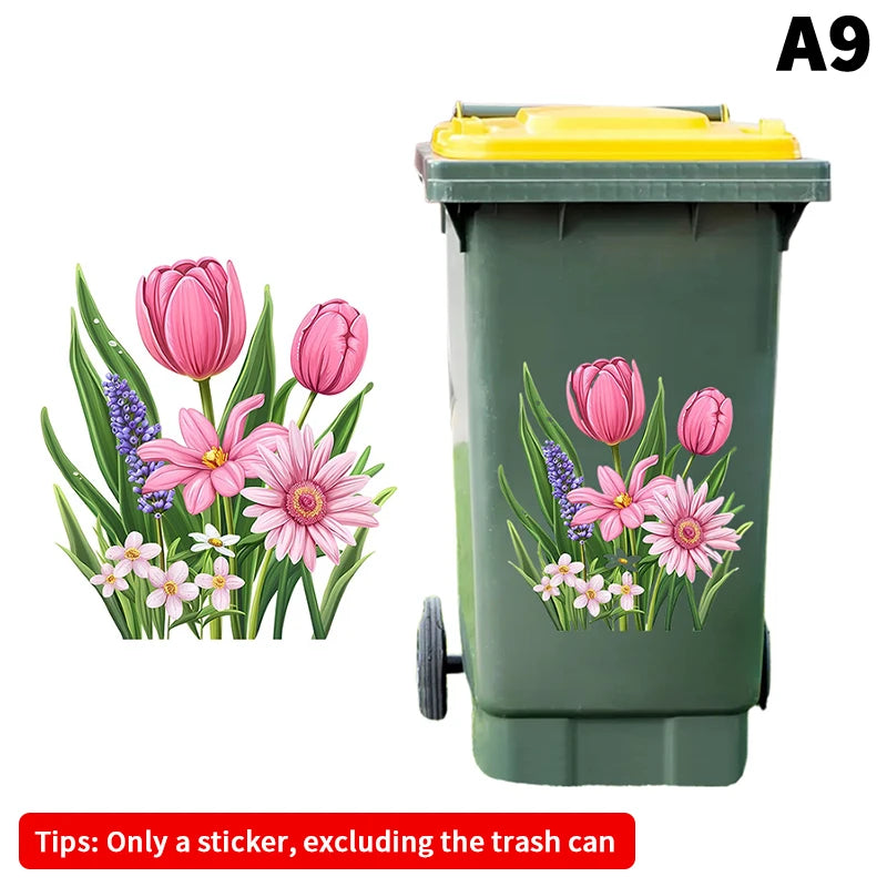 Trash Can Stickers Floral Wheel Self-adhesive Waterproof PVC Decals Qme A9