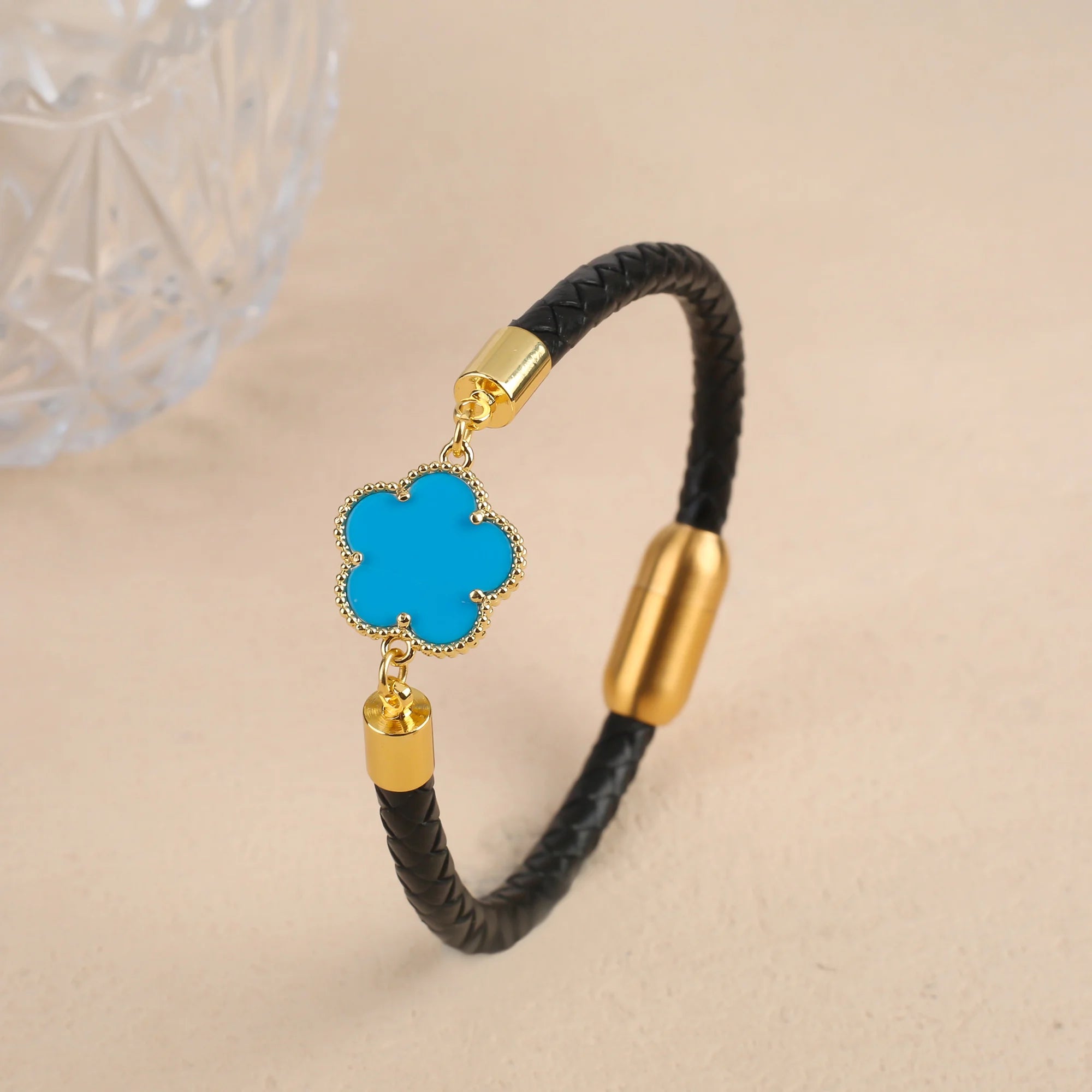 10 Colors Natural Gem Five-Leaf Flower Leather Bracelet Stainless Steel Magnetic Buckle for Women Flower Jewelry Free Shipping Qme Colors 7 17cm Coffee Leather